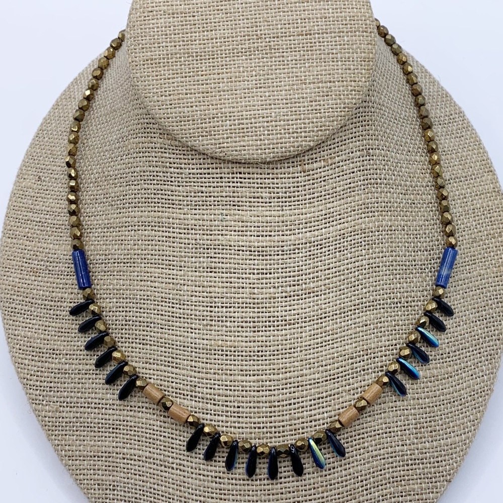 Blue, gold, wood and peacock iridescent faceted dainty Briolette bead necklace